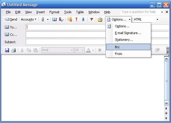 Selecting BCC field from Options Menu